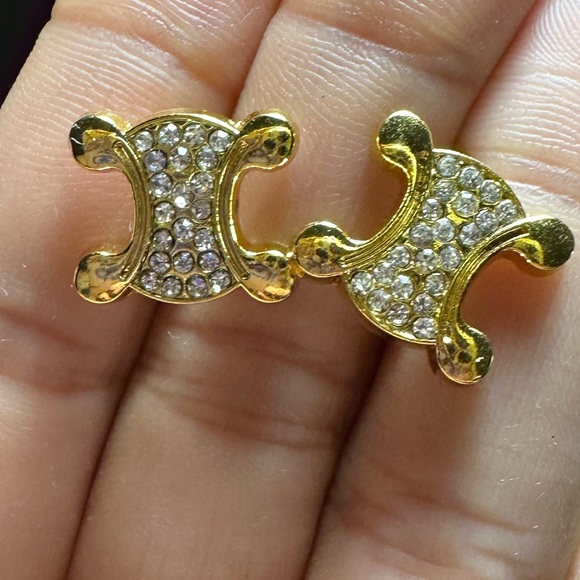 Celine Gold Crystal Metal Buttons Turned into Earring Studs Macadam Triomphe - Picture 6 of 16